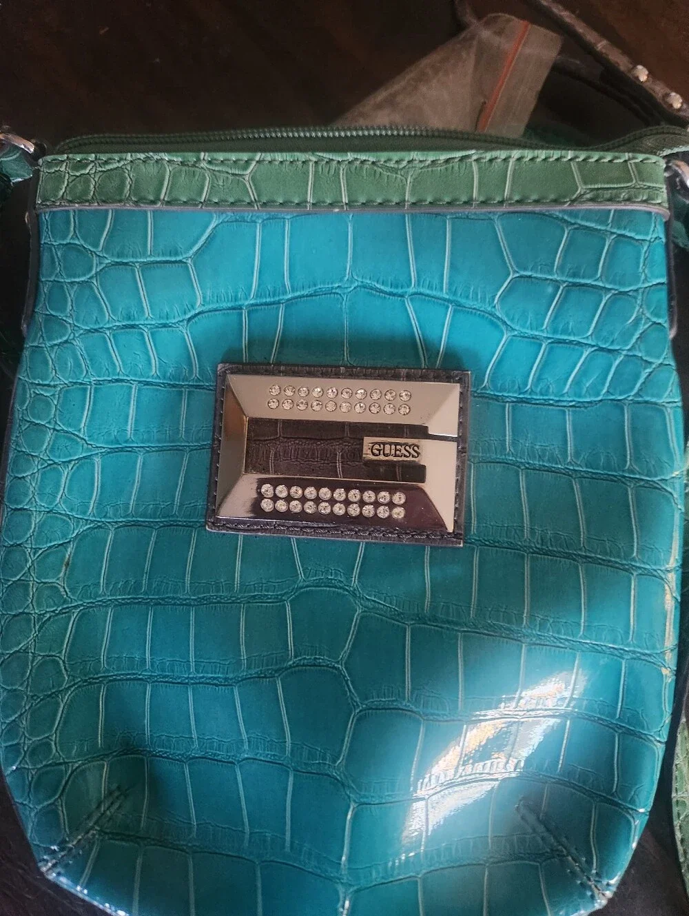 GUESS Wynona  Teal and Green Faux Croc-Embossed Crossbody Bag
